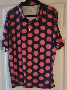 Obnoxious Golf  "The Pink Vortex" Black Shirt With Pink Polka Dot Print Size L